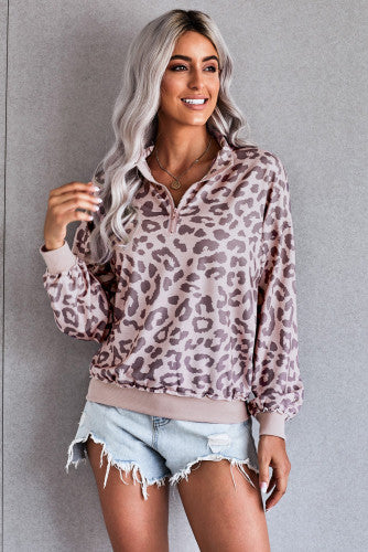 Pink Leopard Zipped Collar Sweatshirt